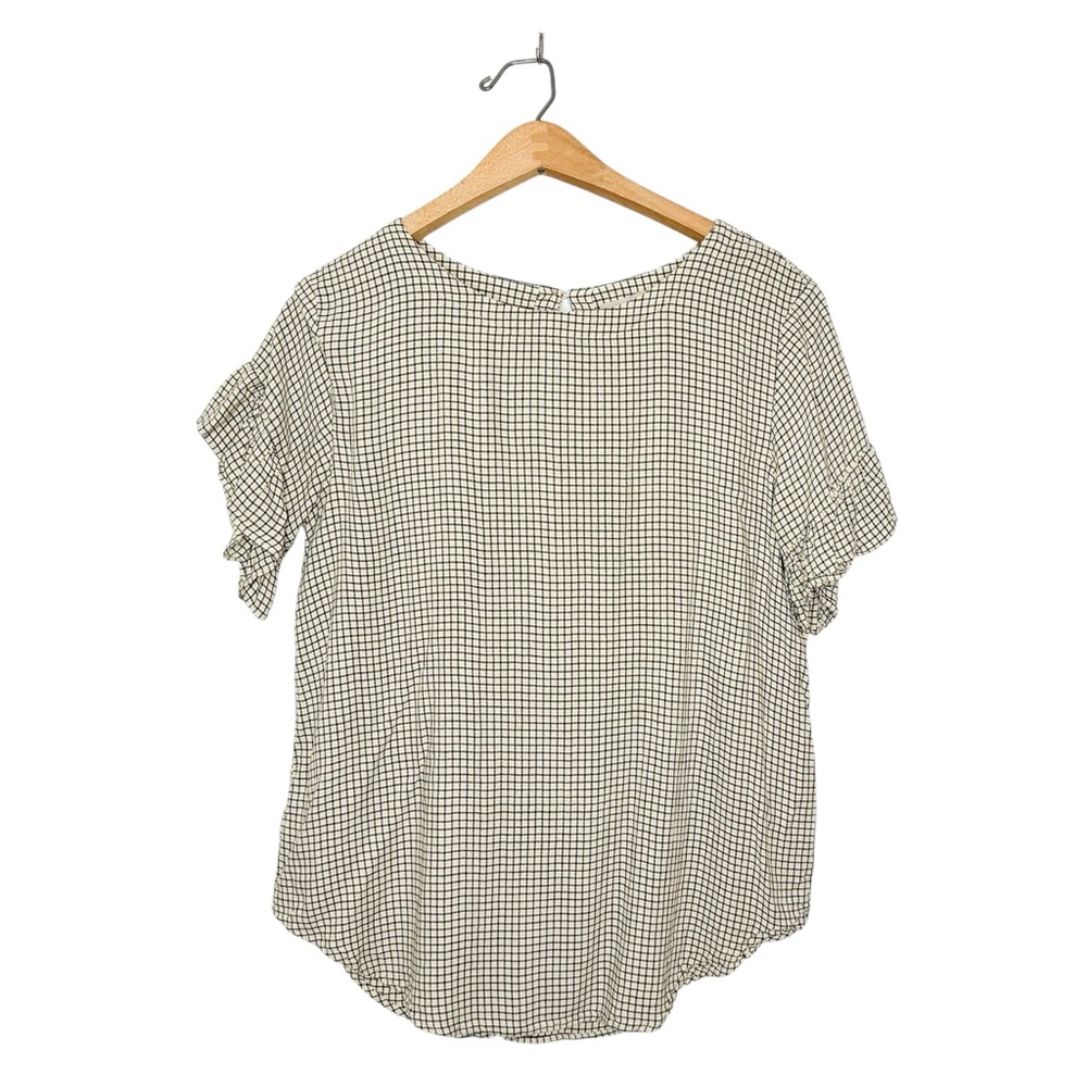 Ann Taylor LOFT Yellow Grey Checkered Plaid Ruffle Sleeve Blouse Medium M